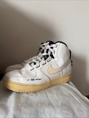 Nike White High-Top Air Force with Cream Swoosh and Yellowed Sole sz 9 women’s